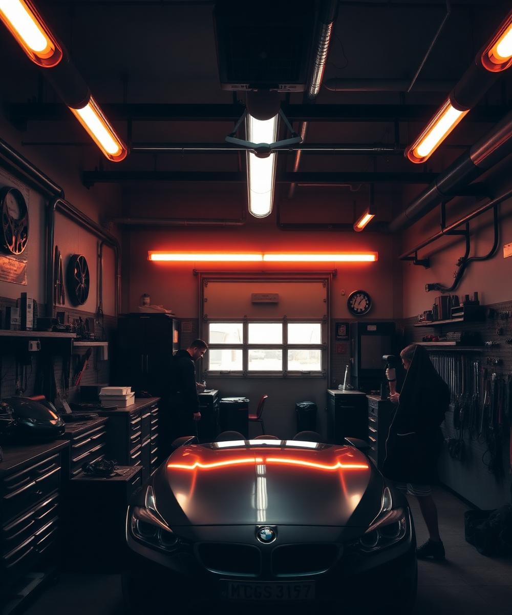 Oficina de estética automotiva Aroeira com iluminação âmbar